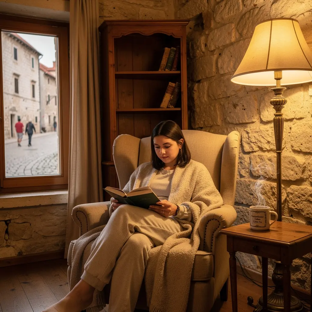 Osoba uživa u šalici čaja od strastvene biljke dok se opušta u prirodi.