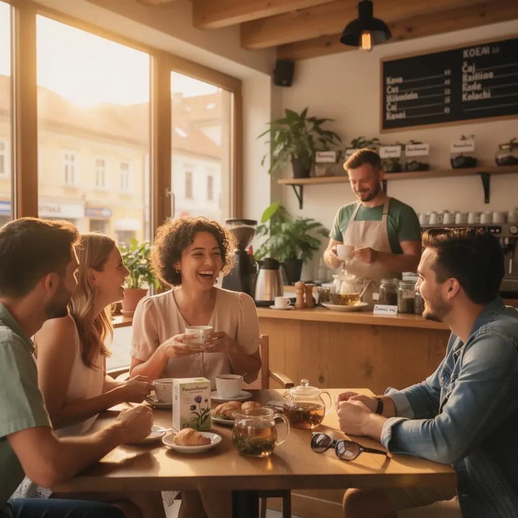 Osoba koja uživa u šolji čaja od strastvenog cvijeta na mirnom balkonu