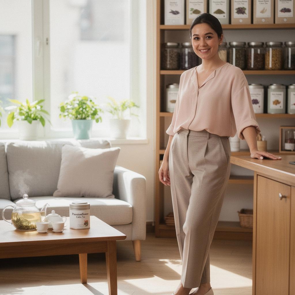 Osoba uživa u šalici čaja od strastvene cvjetnice, opuštajući se u udobnom naslonjaču.